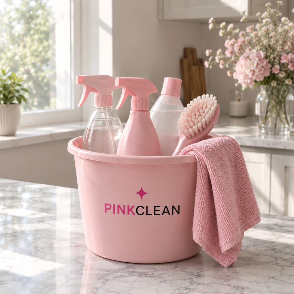 Kovë rozë e PinkClean me spërkatës, furçë dhe peshqir pastrimi mbi mermer
