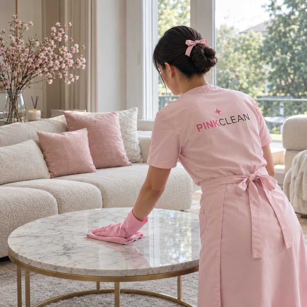 Punonjëse e PinkClean në uniformë rozë duke fshirë një tavolinë mermeri në një sallon të ndritshëm